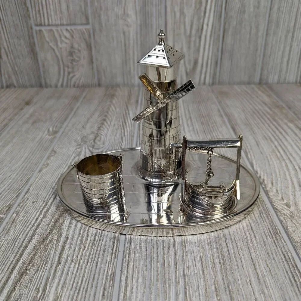 Victorian Silver Plated Novelty Cruet Set with Engraved Windmill Style Pepper Po